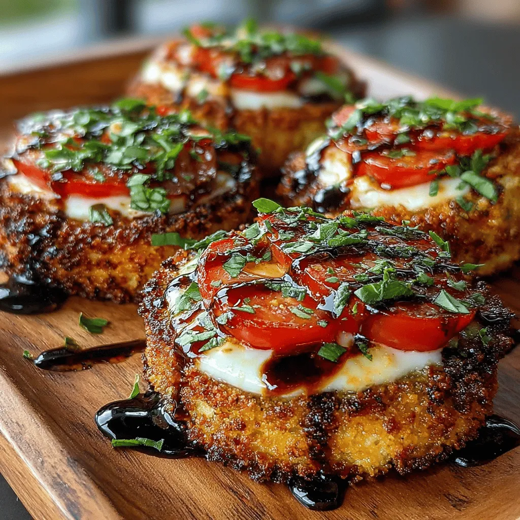 If you're on the lookout for a vibrant and delicious appetizer that pays homage to the classic Caprese salad, look no further than Crispy Eggplant Caprese Rounds. This innovative dish transforms the traditional elements of a Caprese into a visually stunning and texturally delightful experience. With layers of crispy fried eggplant, creamy fresh mozzarella, juicy ripe tomatoes, and aromatic basil, all drizzled with a rich balsamic glaze, this recipe not only tantalizes the taste buds but also impresses with its presentation.