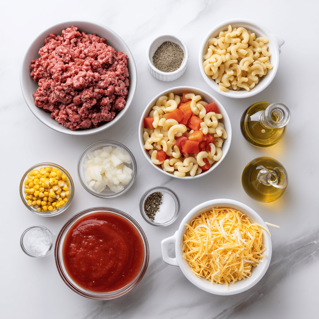 Ingredients for One-Pan Cheesy Beef Casserole for Cozy Autumn Nights